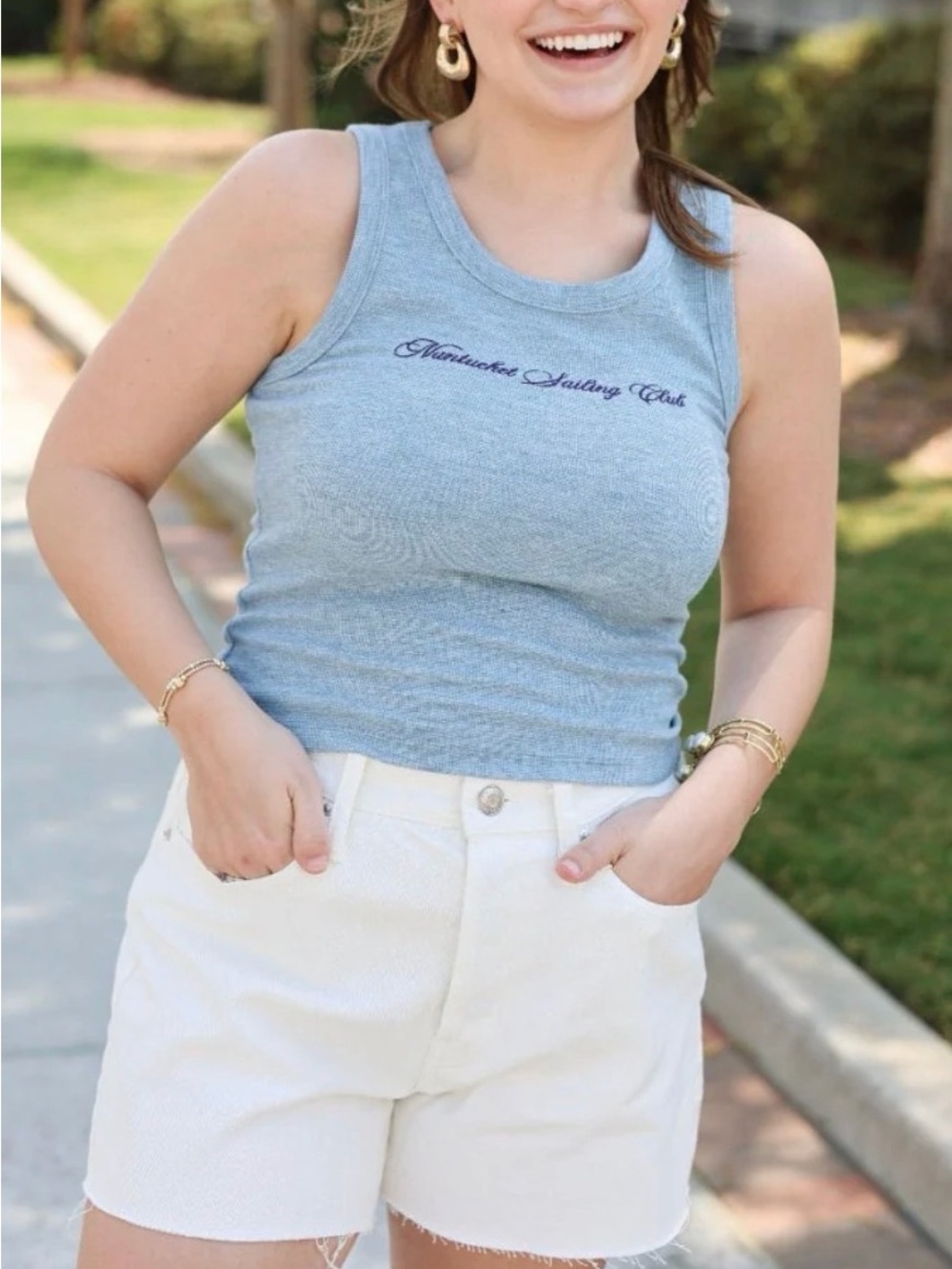 Below Rose Blue Ribbed Tank with Nantucket Sailing Club Script - Picture 2 of 2